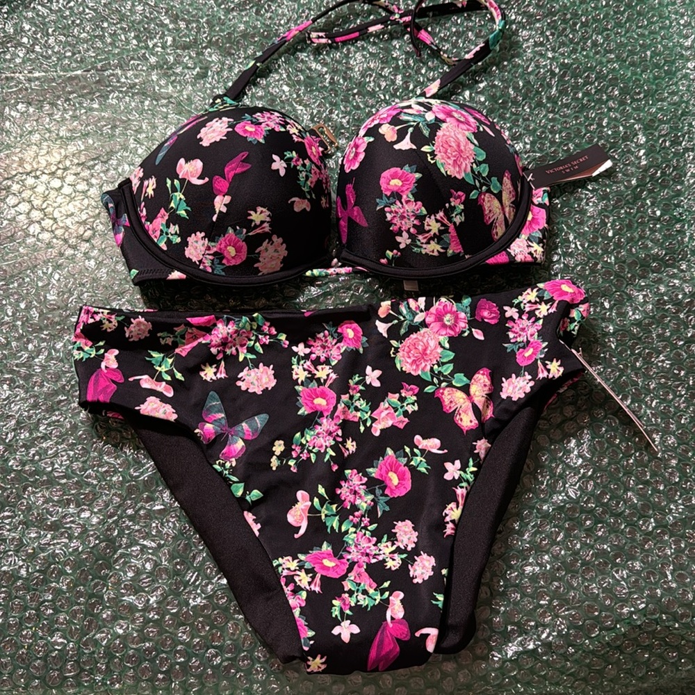 Victoria's Secret Set Bombshell Swim Bikini Bra/Bottom black floral size L 36B - Picture 4 of 15